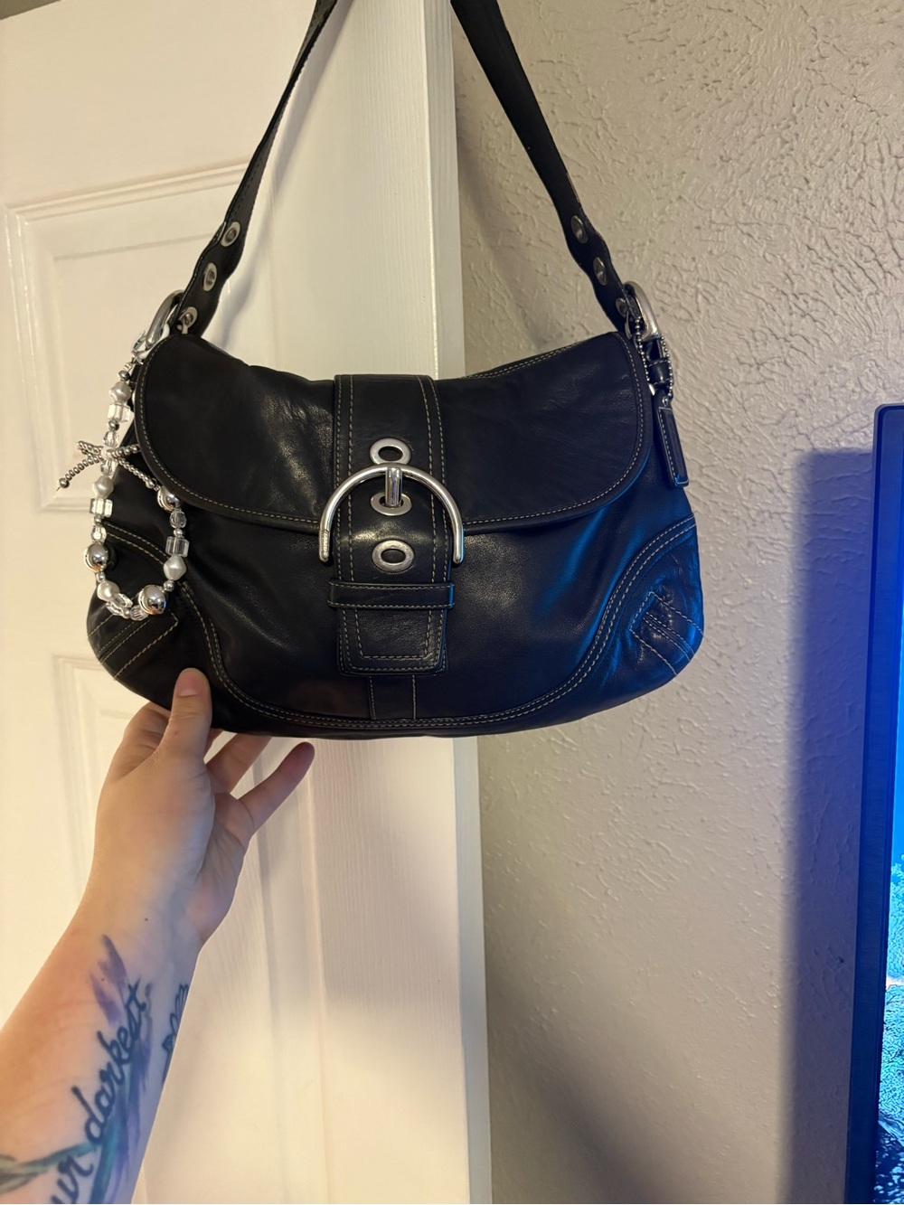 Coach soho Black Leather Shoulder Bag with Silver Hardware